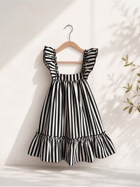 Nueces Black & White Striped Ruffle Sundress for Girls